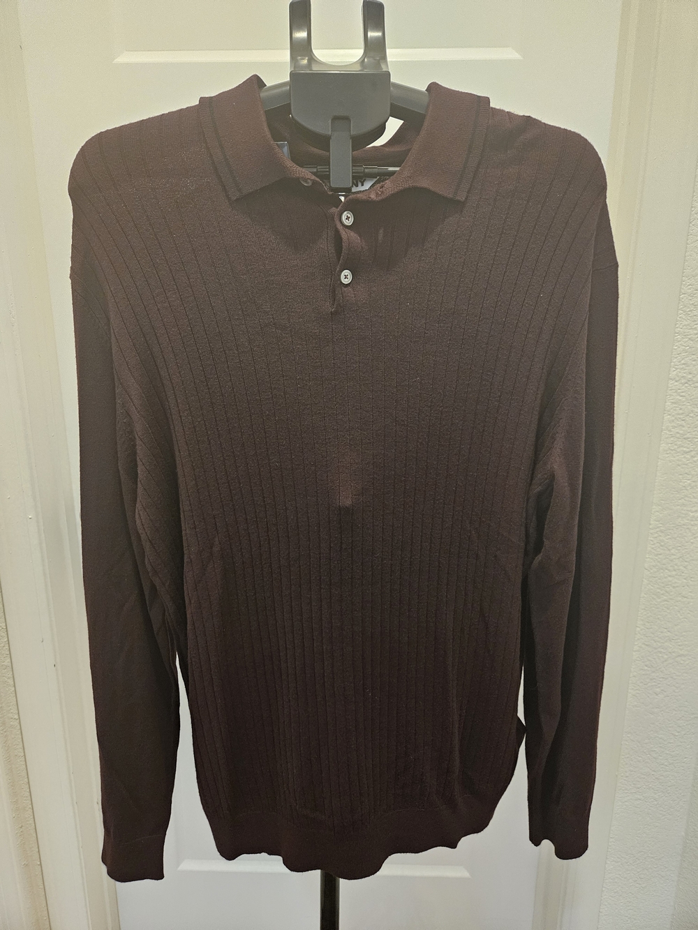 DKNY Men's Long-Sleeve Ribbed Polo - Deep Burgundy